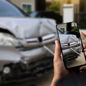 A person taking a photo of a car accident scene for evidence using a mobile phone - Gertler Law Firm